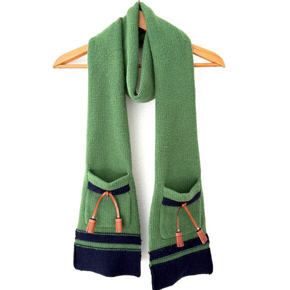 Kate Spade Green Blue Knit Scarf with Pockets Leather Ribbon One Sz Winter Wrap - Picture 1 of 5